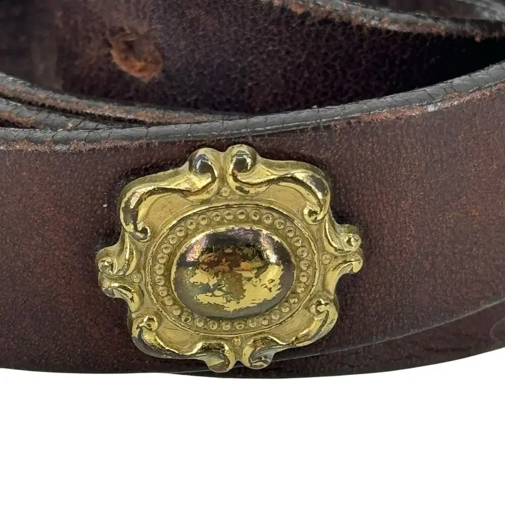 Vintage Donna Katz Women’s Skinny Belt SZ L Brown Medallion Bold 80s Unique Mod